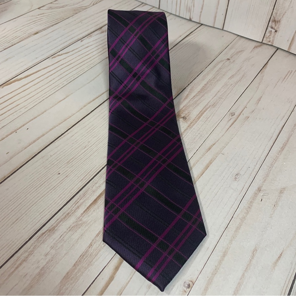 Imani Mens Tie Necktie Italy Purple Plaid Stripe EUC 60x3.5